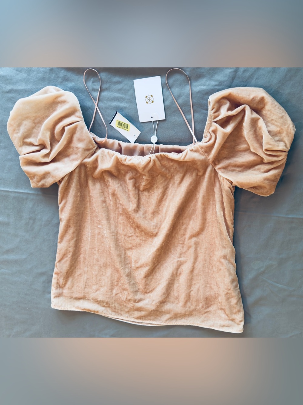 WAYF Blush Pink Velvet Off-Shoulder Puff Sleeve Top Blouse - Picture 10 of 15